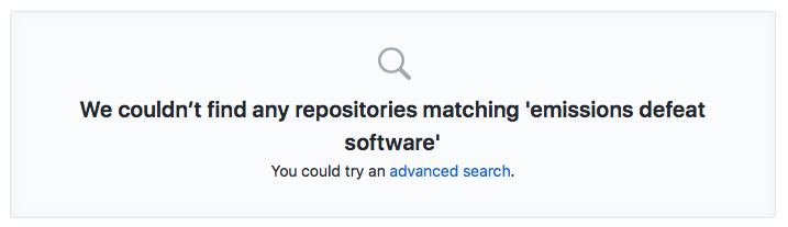 A picture of GitHub search results that says "We couldn't find any repositories matching emissions defeat software"